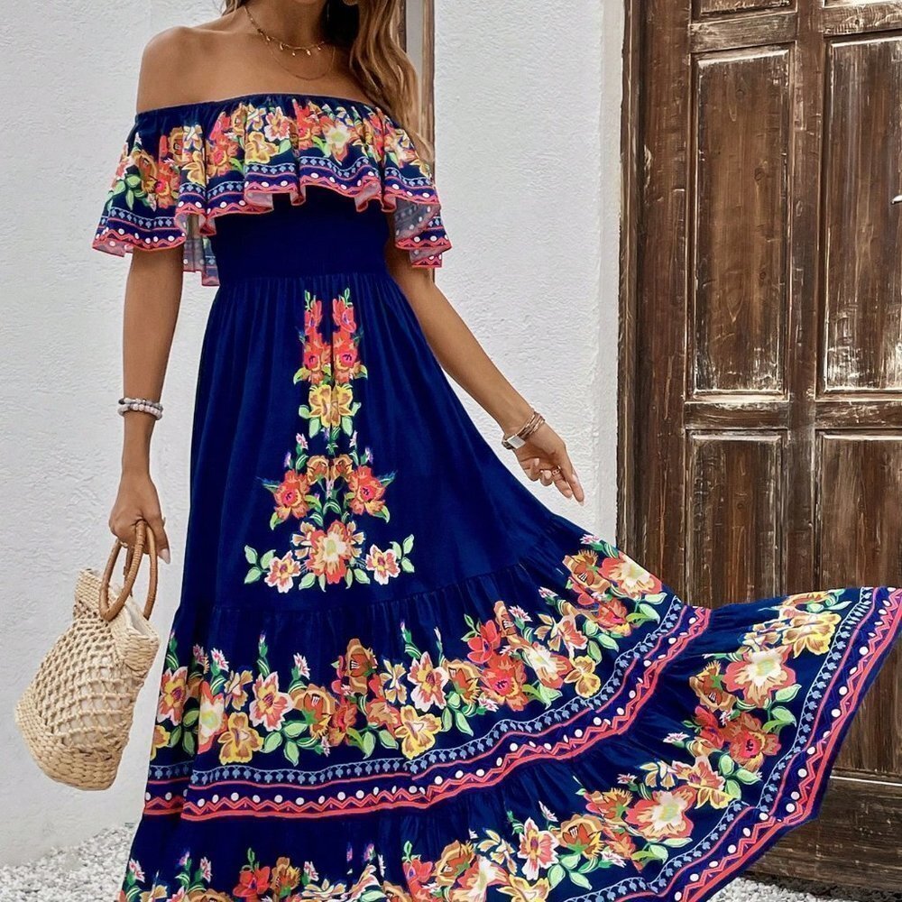Blue Casual Womens Off-Shoulder Floral Printed Dress